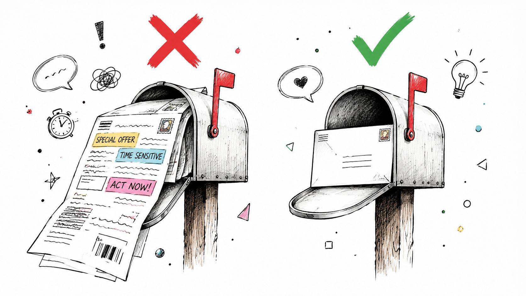 A conceptual illustration comparing cluttered, aggressive marketing mail with a clean, personal envelope in a mailbox.