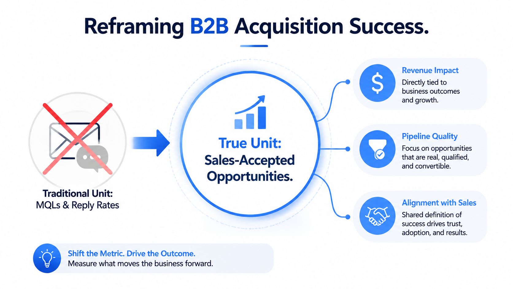 A business graphic comparing traditional B2B metrics like MQLs against the superior metric of Sales-Accepted Opportunities.