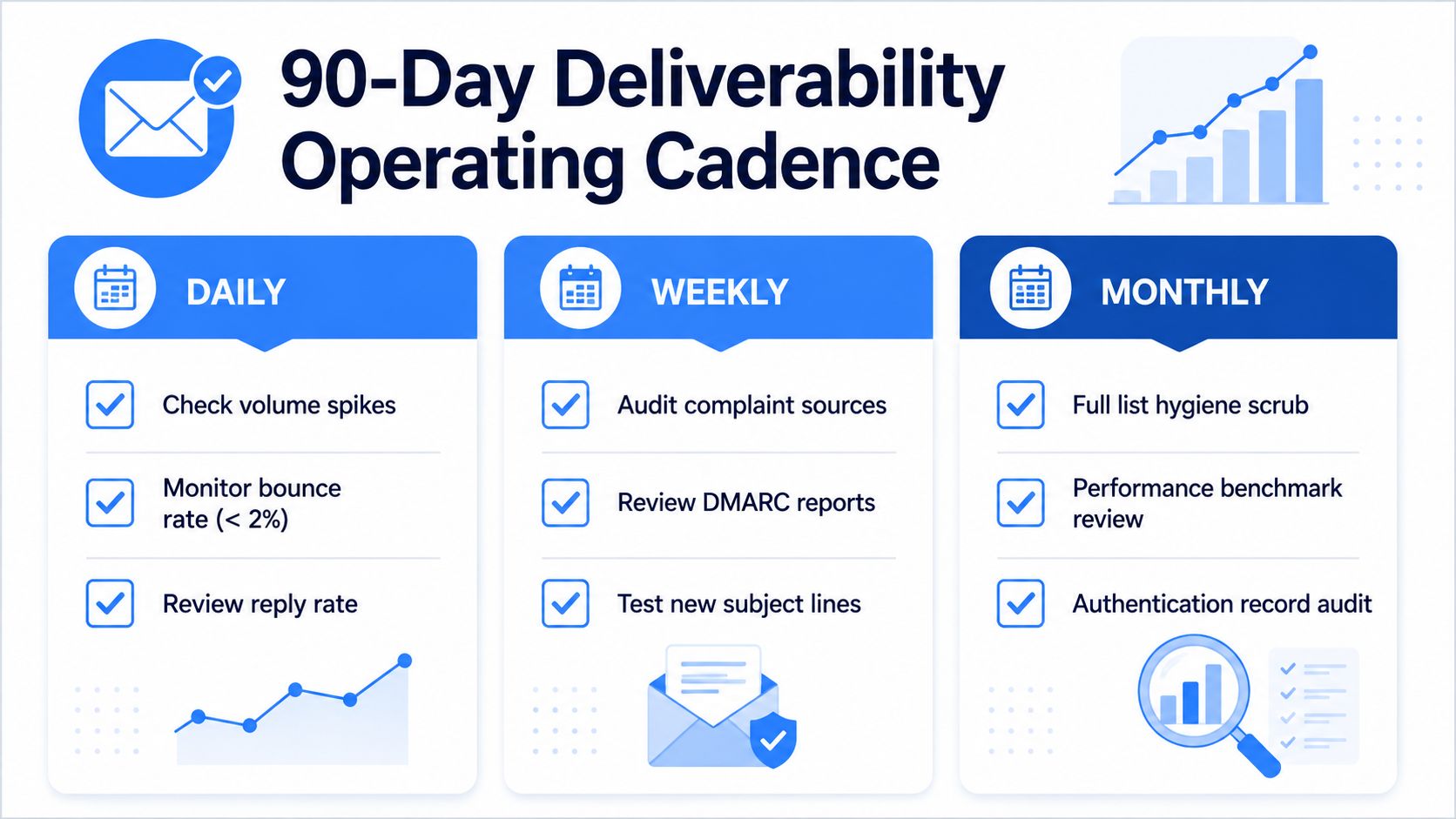 A checklist infographic titled 90-Day Deliverability Operating Cadence showing daily, weekly, and monthly email maintenance tasks.