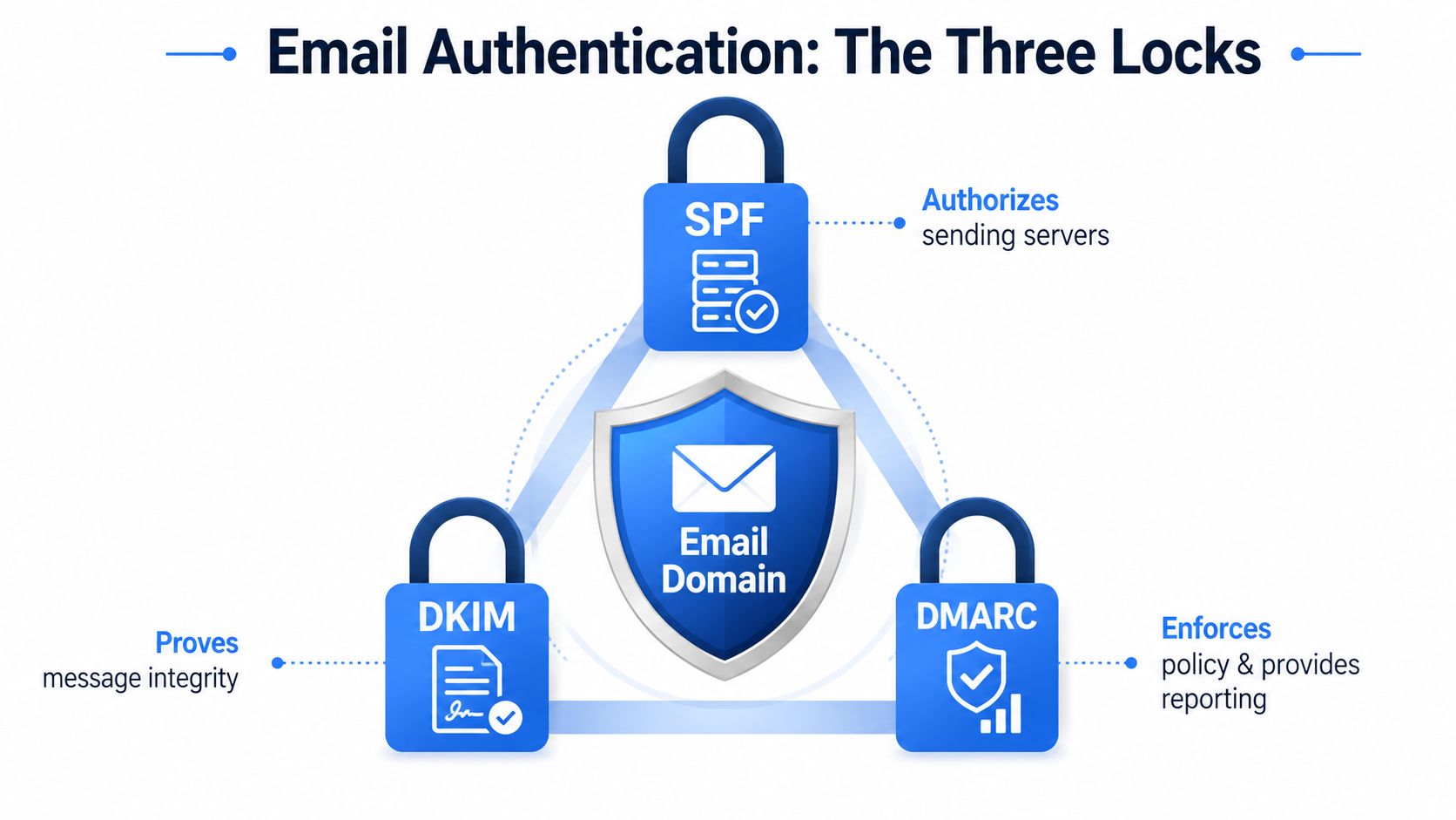 A diagram illustrating email authentication using the three main locks: SPF, DKIM, and DMARC for domain security.
