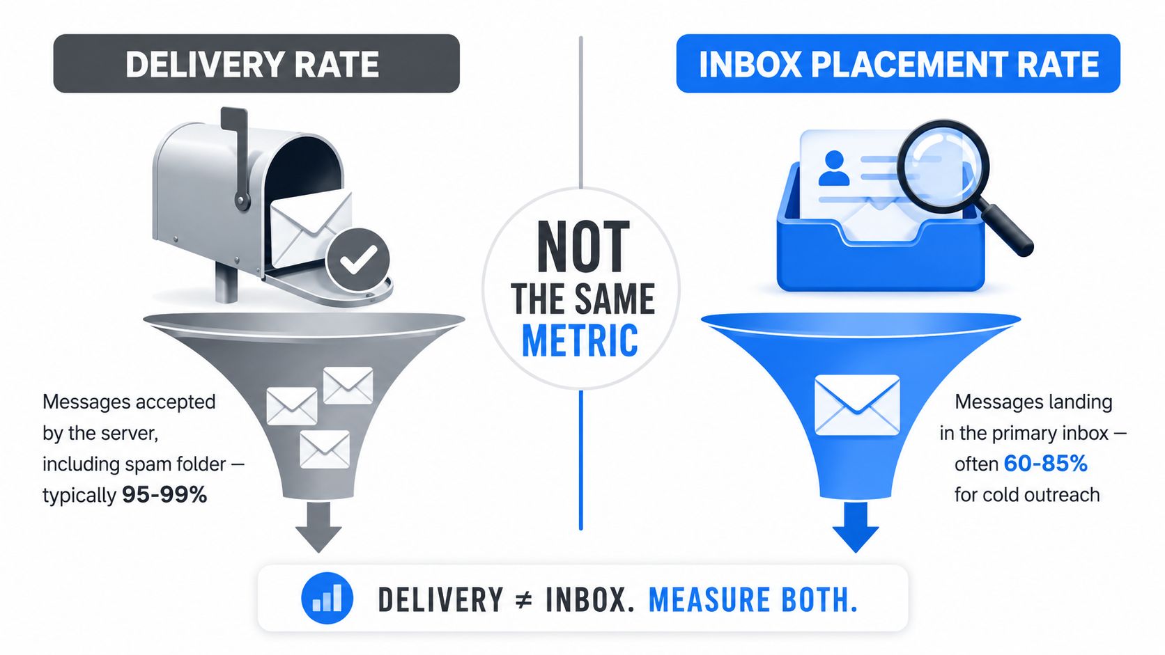 An infographic comparing email delivery rates versus inbox placement rates, highlighting why they are distinct email metrics.