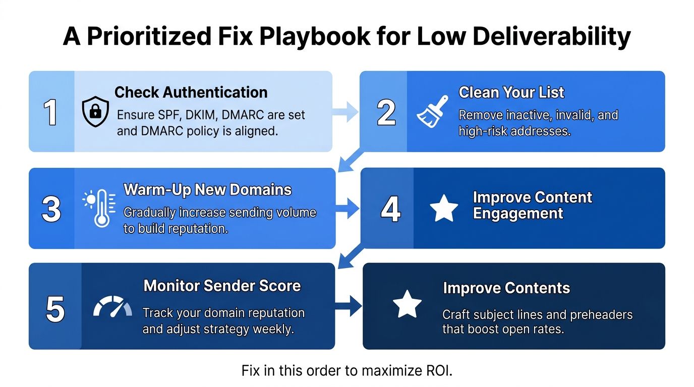 A flowchart showing a prioritized five-step playbook for improving low email deliverability rates for businesses.