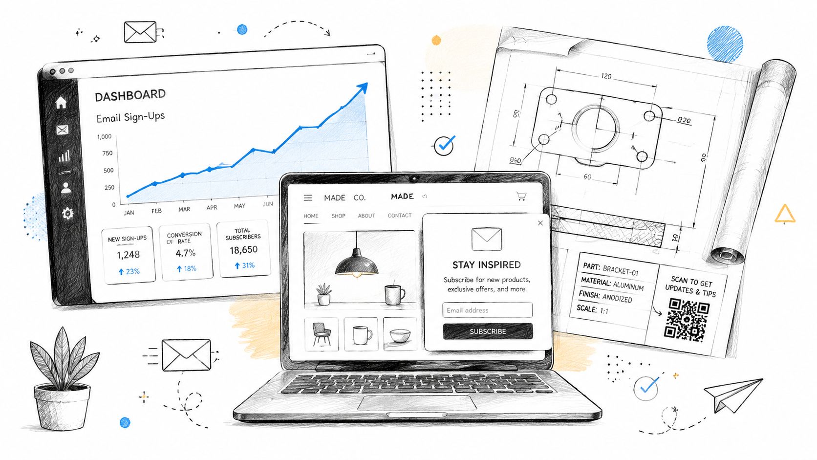 Sketch style illustration showing an email marketing dashboard, a laptop with a subscription pop-up, and engineering blueprints.