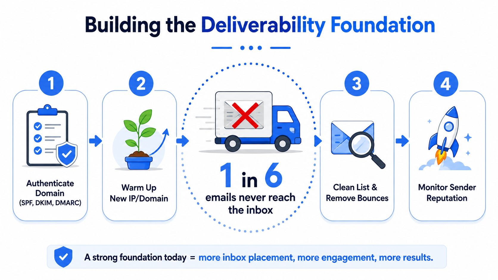 A four-step infographic illustrating essential email marketing practices for improving deliverability and inbox placement rates.