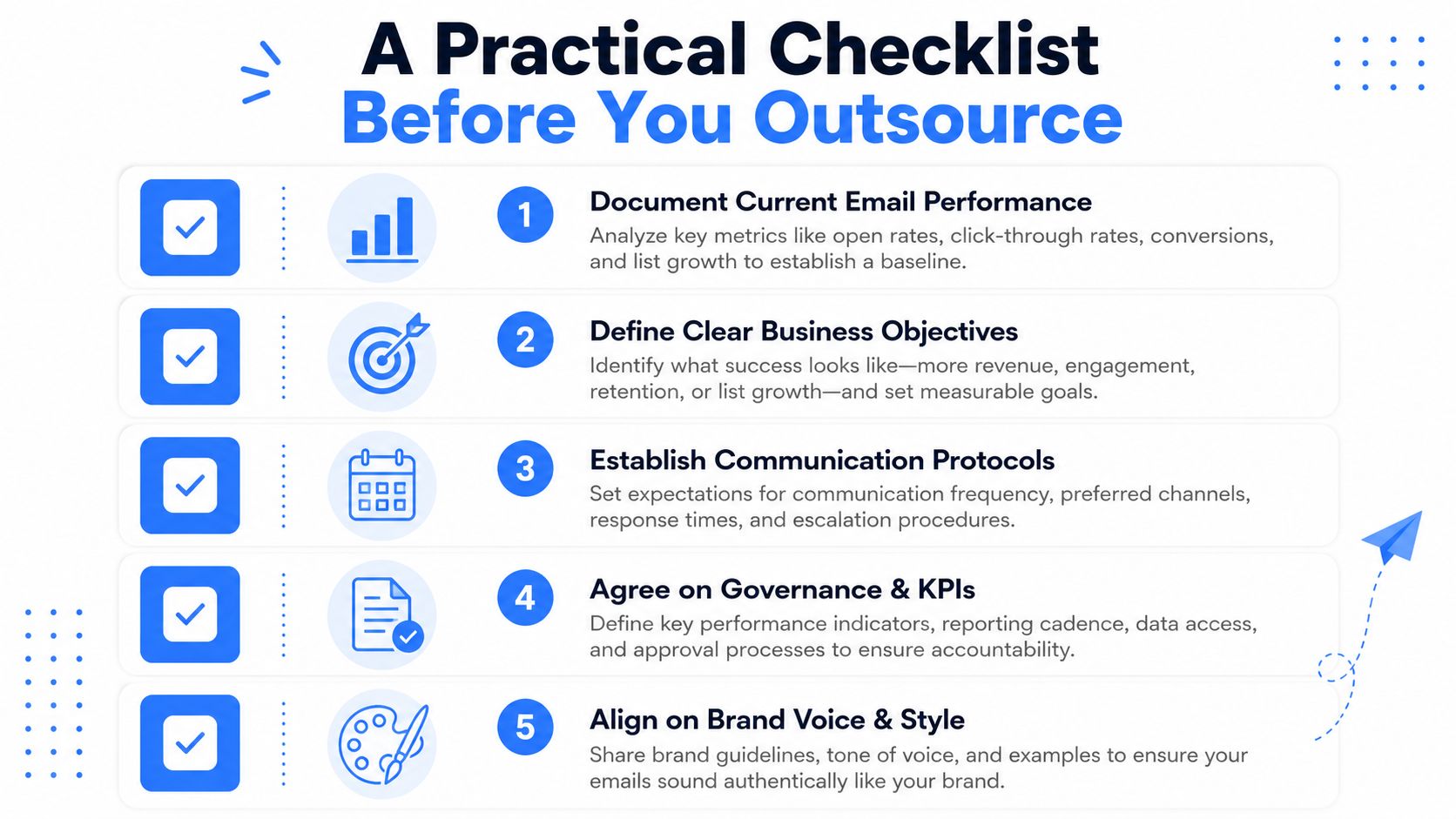 A practical five-step checklist for businesses preparing to outsource their email marketing efforts to external partners.