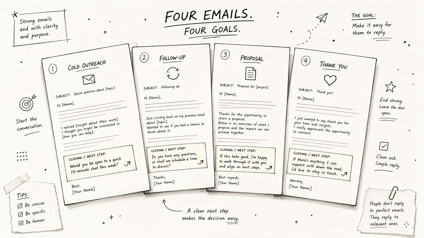 An infographic illustrating four types of professional emails with templates, clear next steps, and helpful tips.