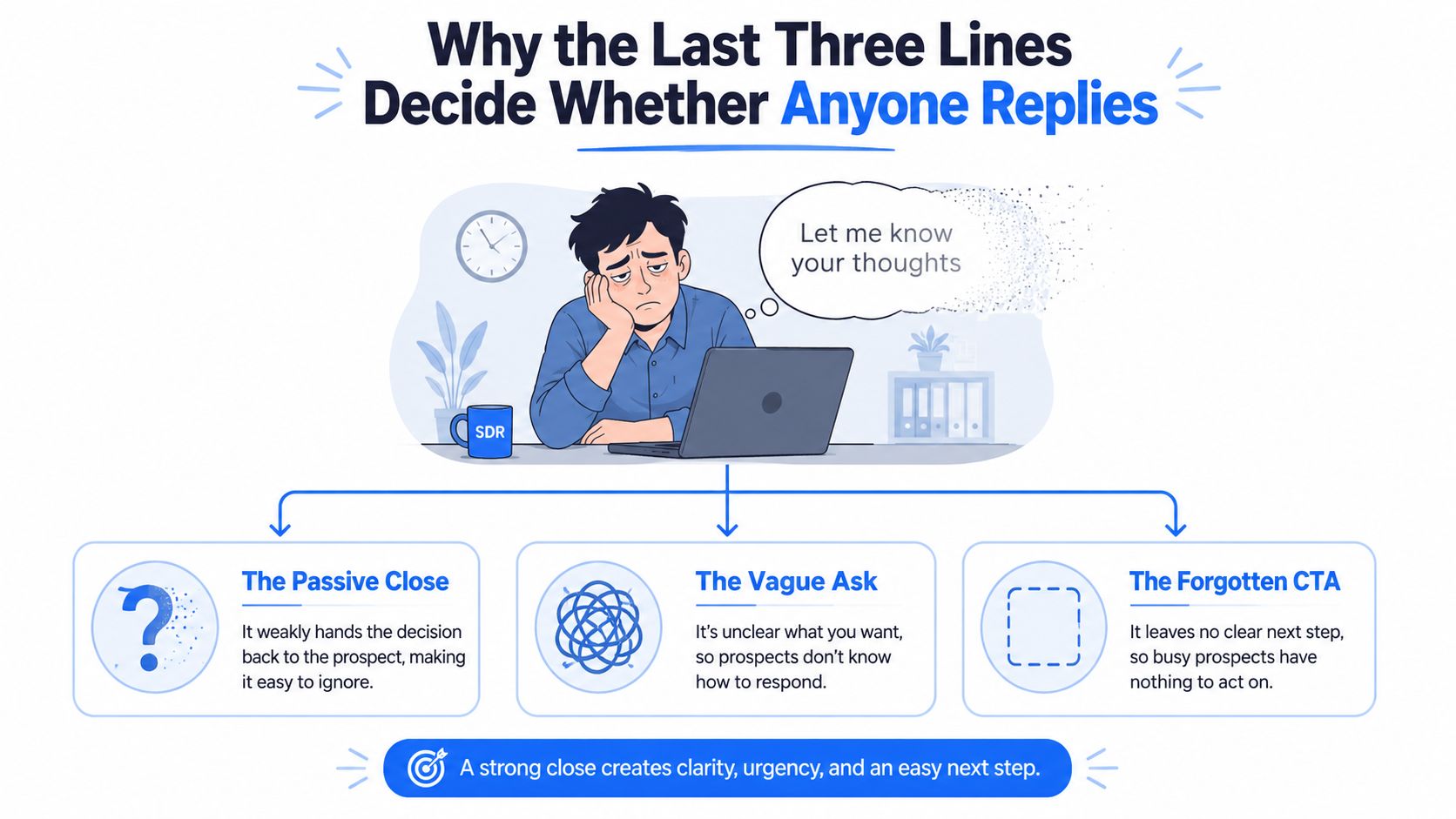 A diagram explaining why the last three lines of a sales email determine if a prospect replies.