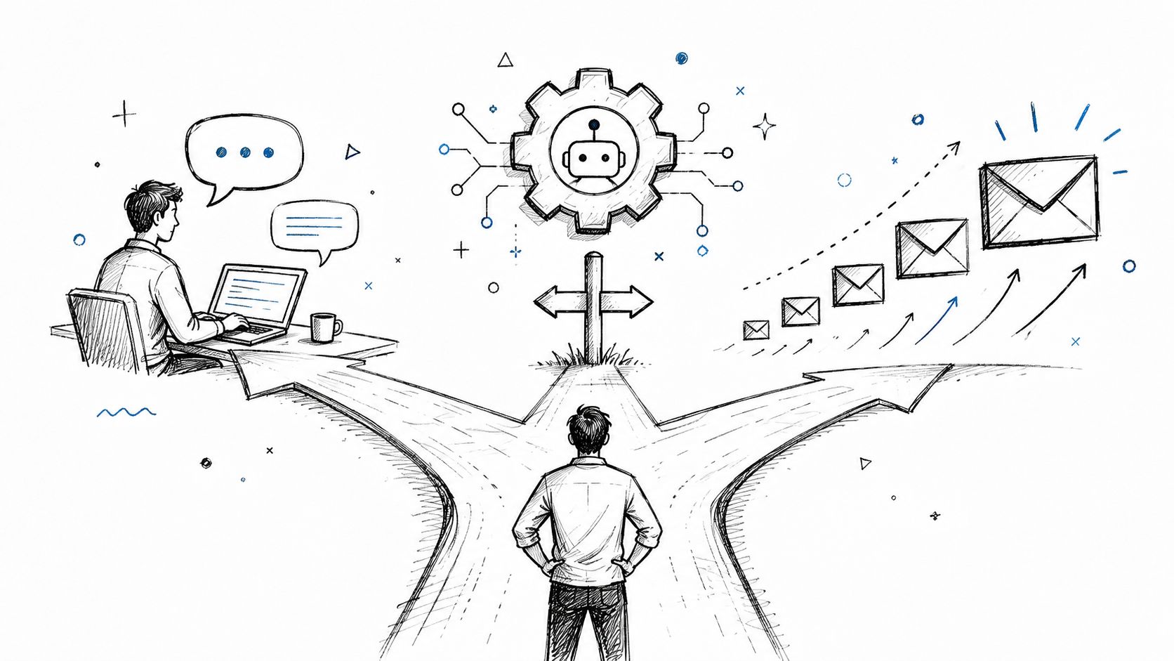 A conceptual illustration of a person choosing between manual email work and automated email sending processes.