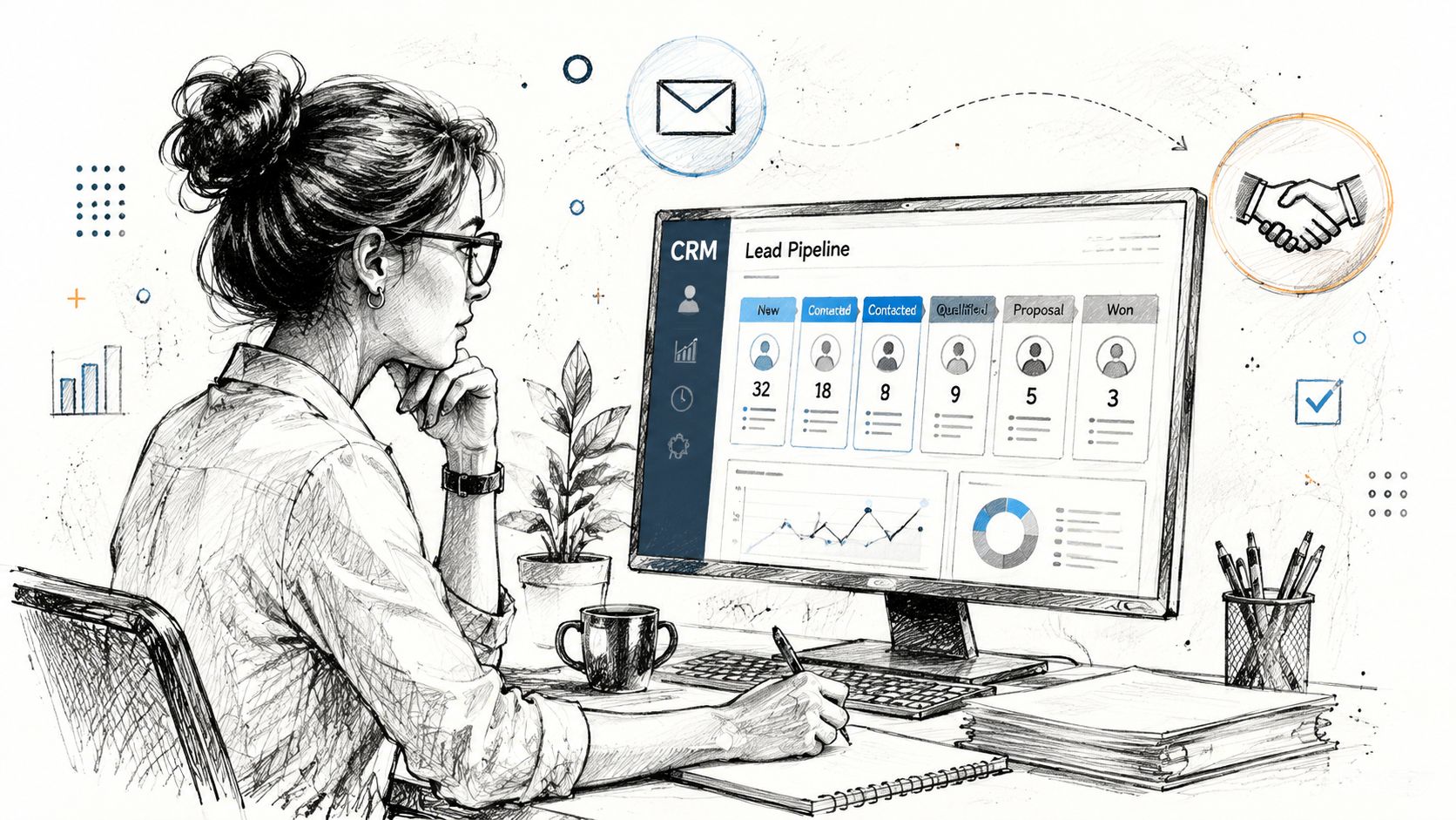 A professional woman working at a computer screen showing a CRM lead pipeline for accounting business analysis.