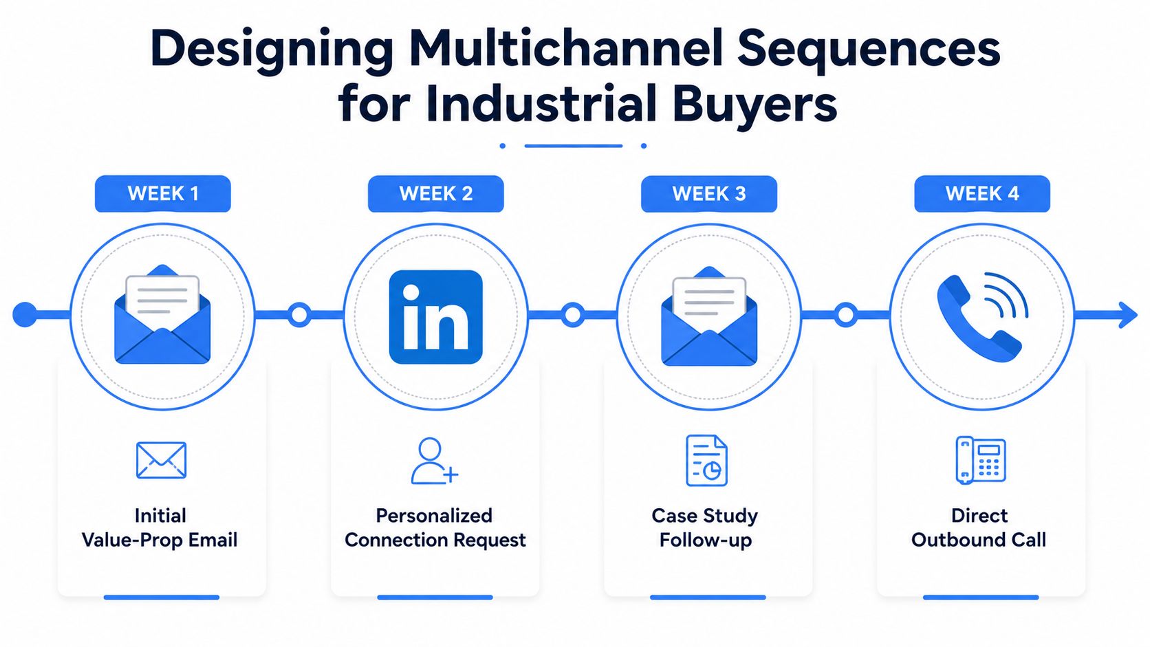 A four-week marketing plan for industrial buyers using emails, LinkedIn, case studies, and outbound phone calls.