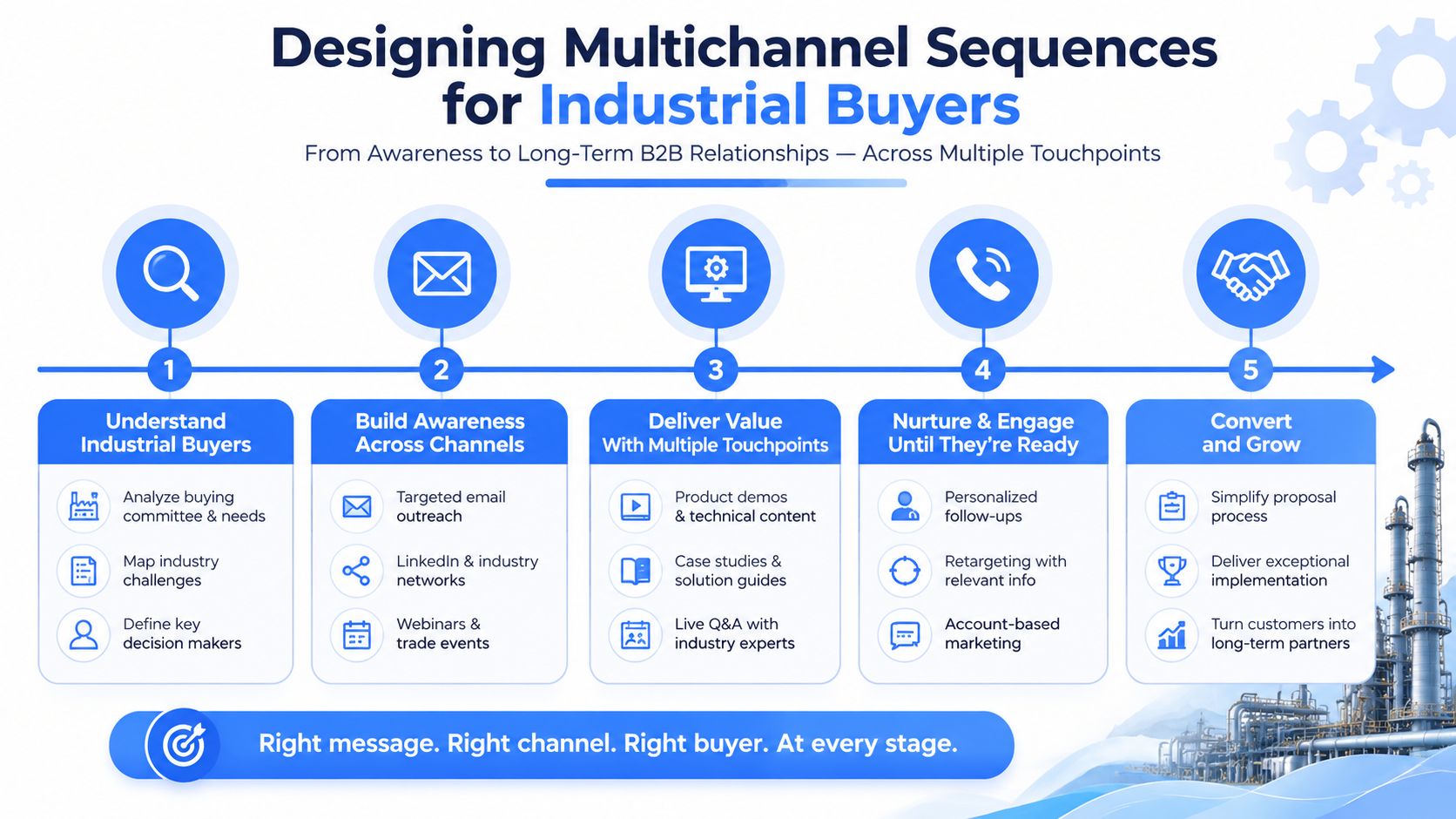 A five-step infographic for designing multichannel sequences for industrial buyers, illustrating the B2B marketing journey.