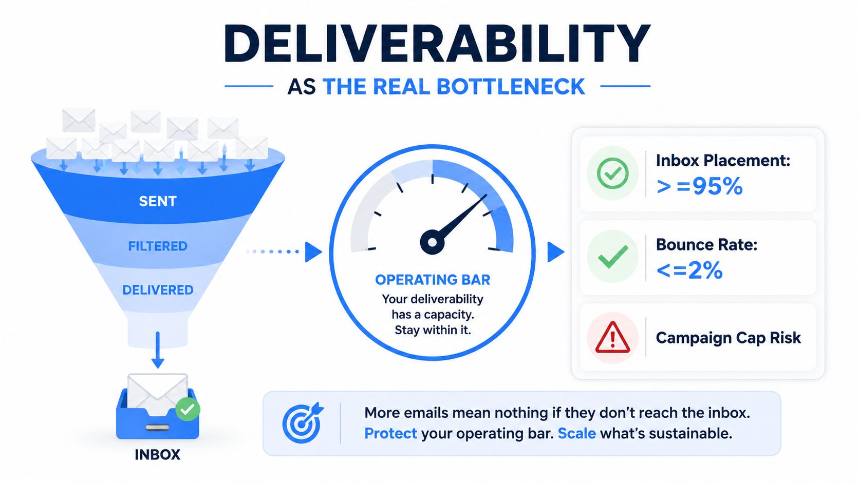 A diagram illustrating email deliverability as a funnel, highlighting metrics for inbox placement, bounce rates, and risk.
