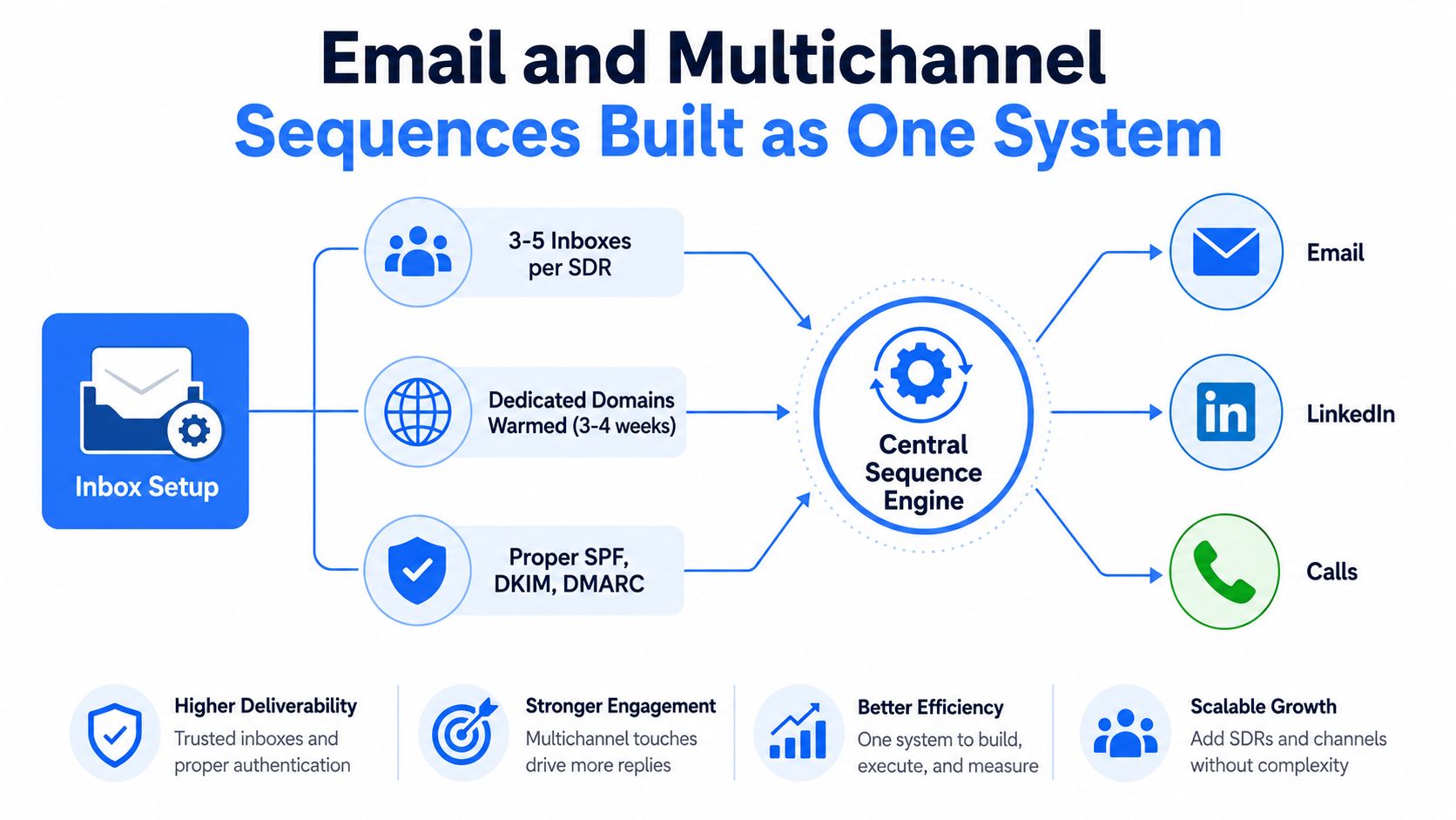 A diagram illustrating a multichannel sales sequence system, including inbox setup, email, LinkedIn, and calling strategies.