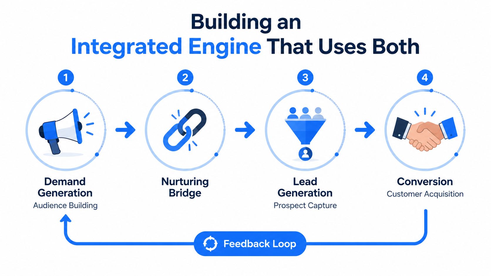 A diagram illustrating the integrated engine process of demand generation, nurturing, lead generation, and customer conversion.