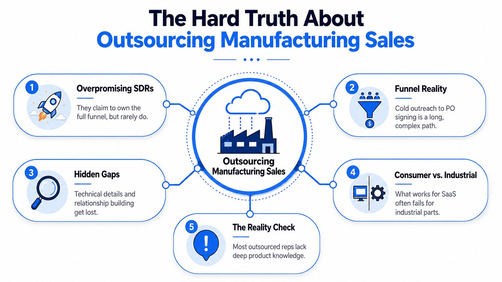 A diagram outlining five key challenges associated with outsourcing sales processes within the manufacturing industry.
