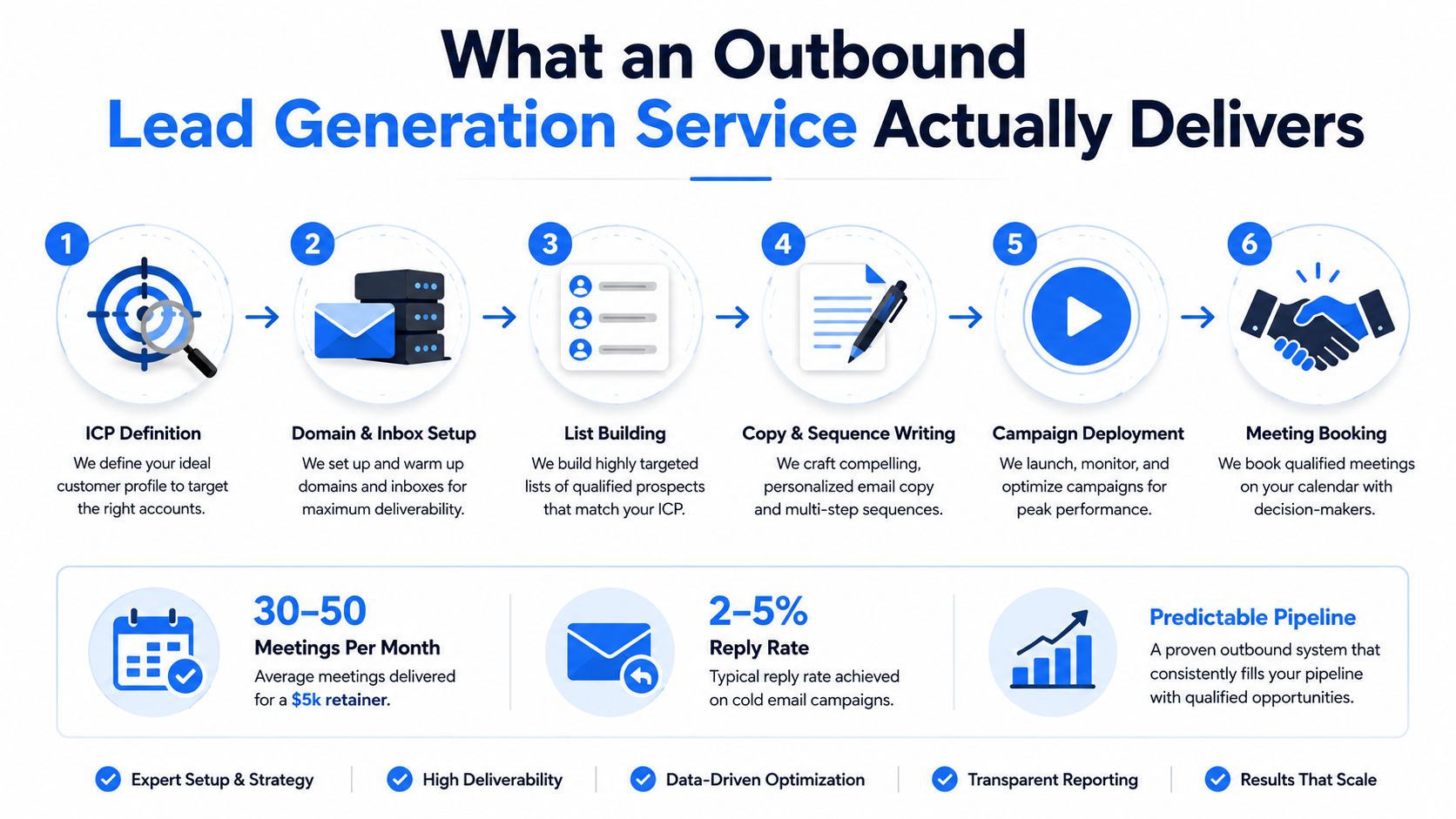 A diagram illustrating the six-step outbound lead generation service process for growing a sales pipeline.
