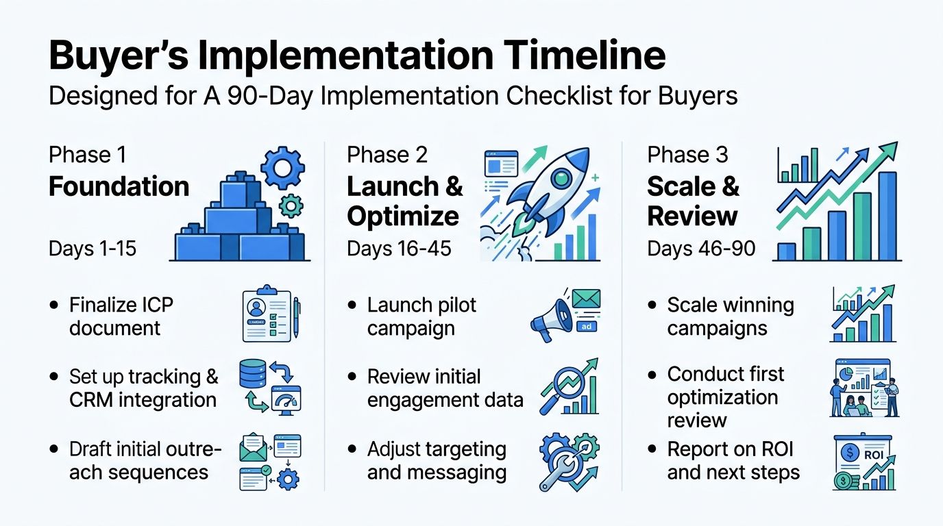 A 90-day implementation timeline chart outlining buyer steps across three phases for sales and marketing success.