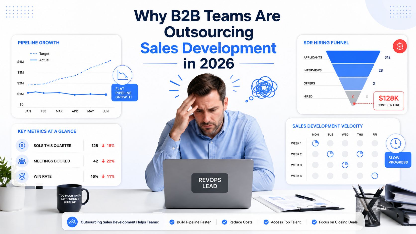A stressed sales professional sitting at a desk with charts illustrating the challenges of B2B sales development.