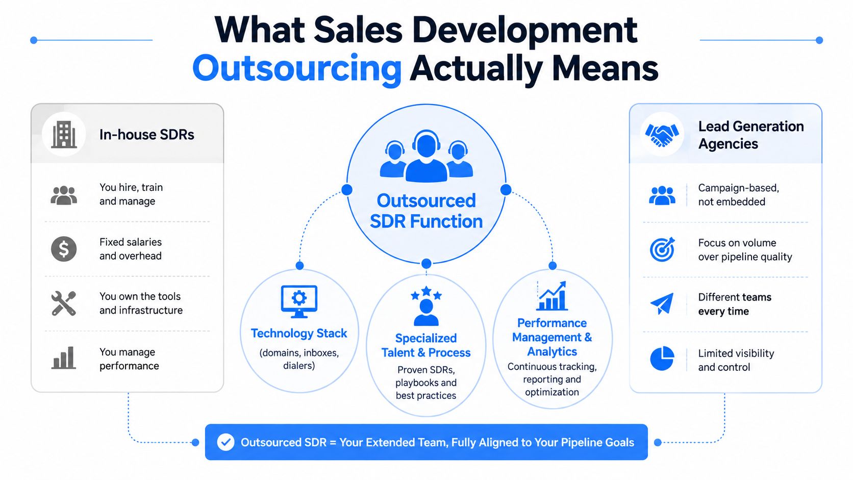A diagram comparing in-house SDRs, lead generation agencies, and the outsourced SDR function with its core components.