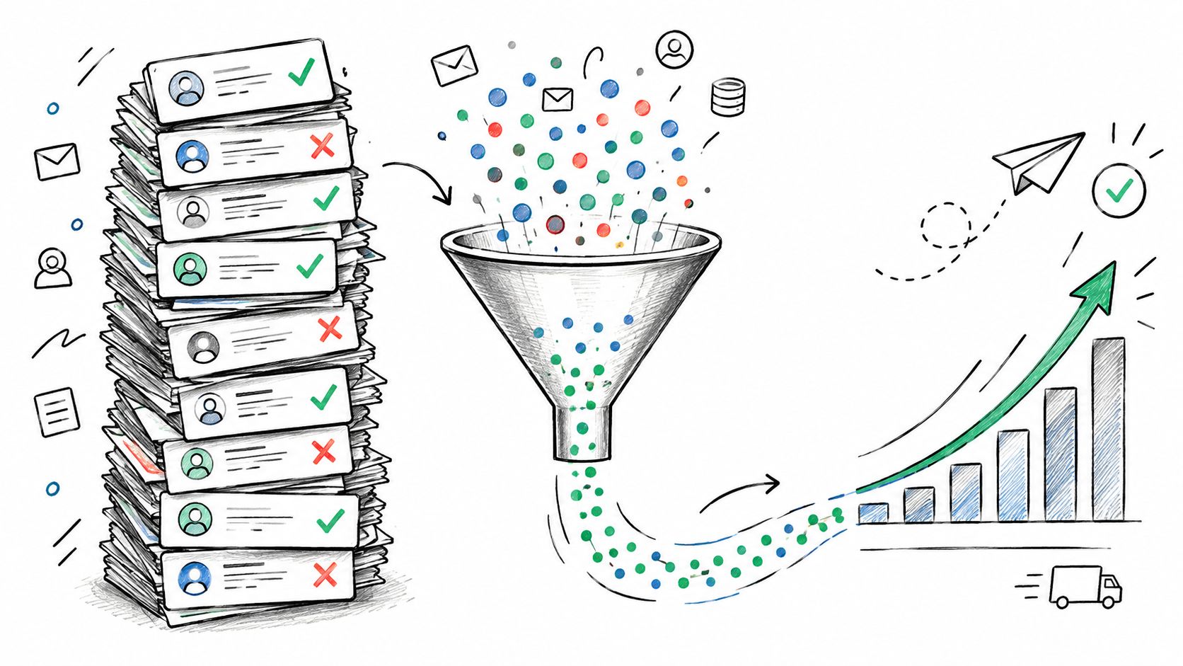 A diagram illustrating the sales funnel process with a stack of leads, a funnel, and a growing chart.