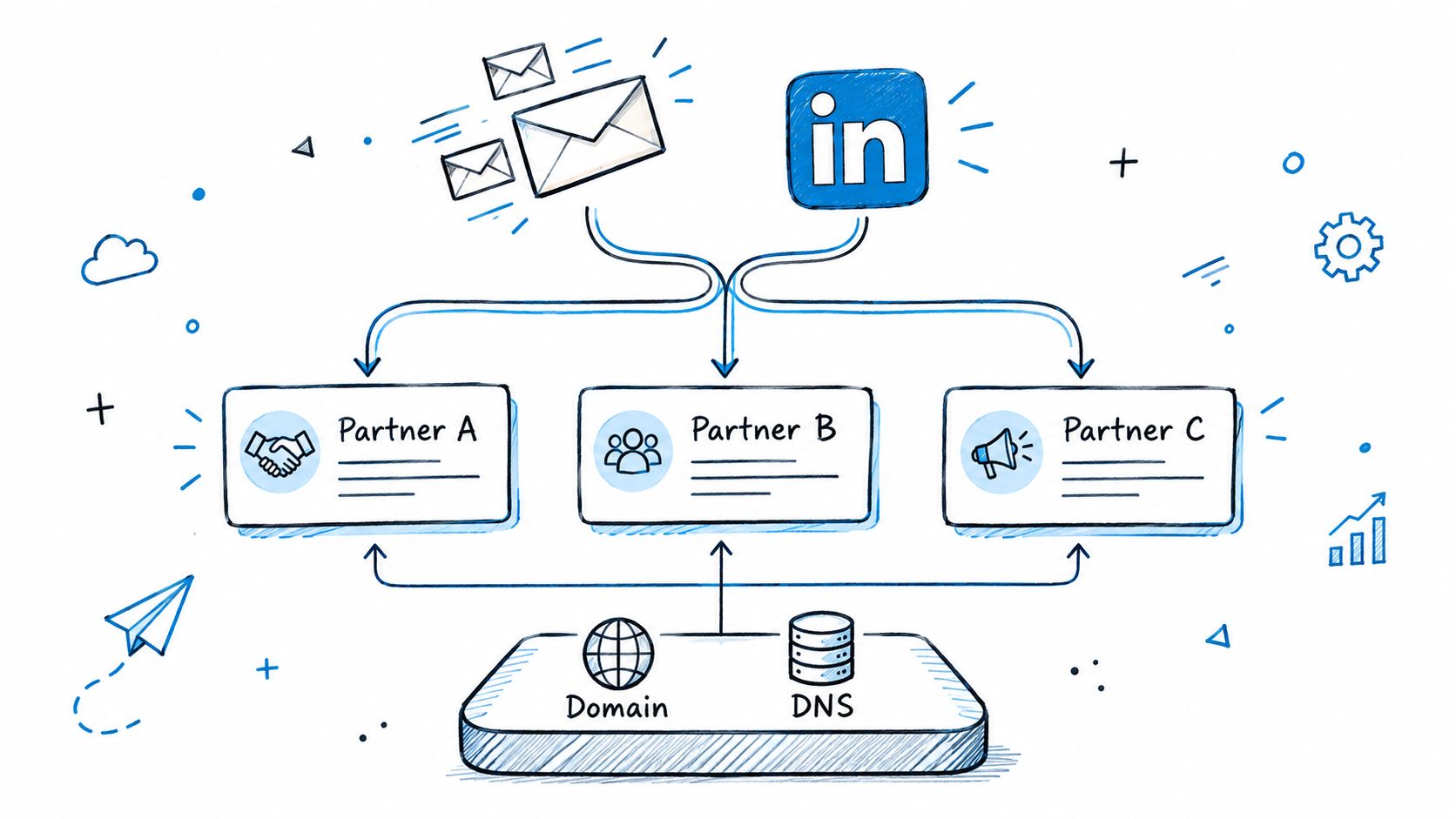 A hand-drawn diagram illustrating a business marketing strategy connecting emails and LinkedIn to various partners via domain and DNS.
