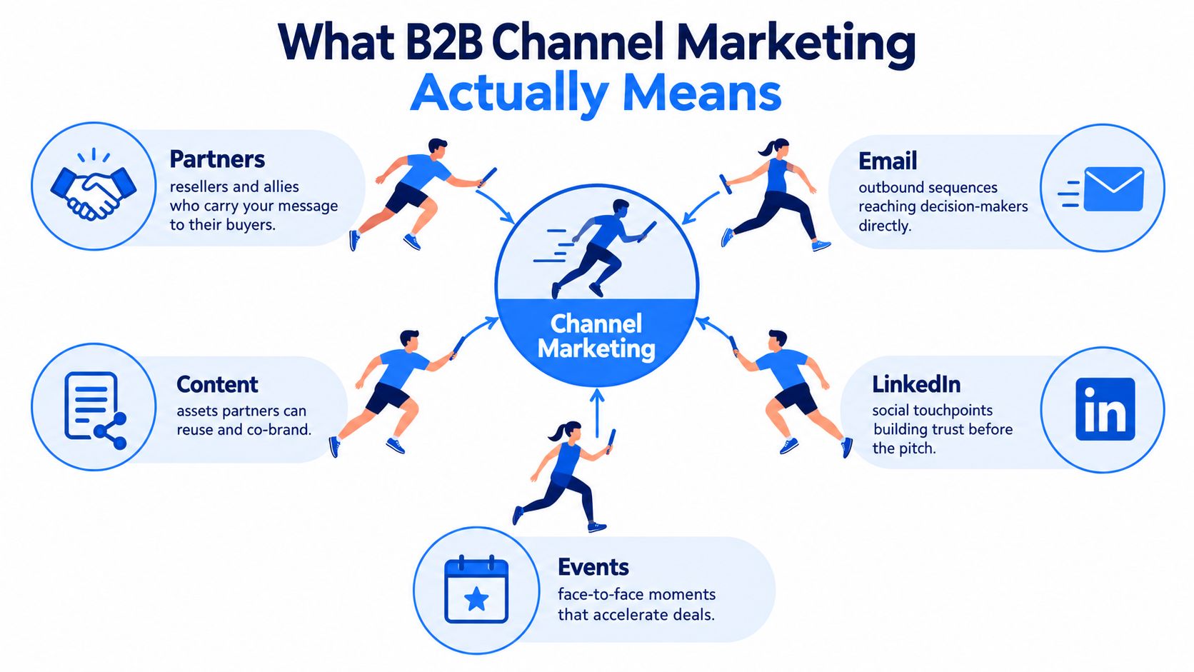 An infographic illustrating B2B channel marketing strategies including partners, email, LinkedIn, content, and events for business growth.