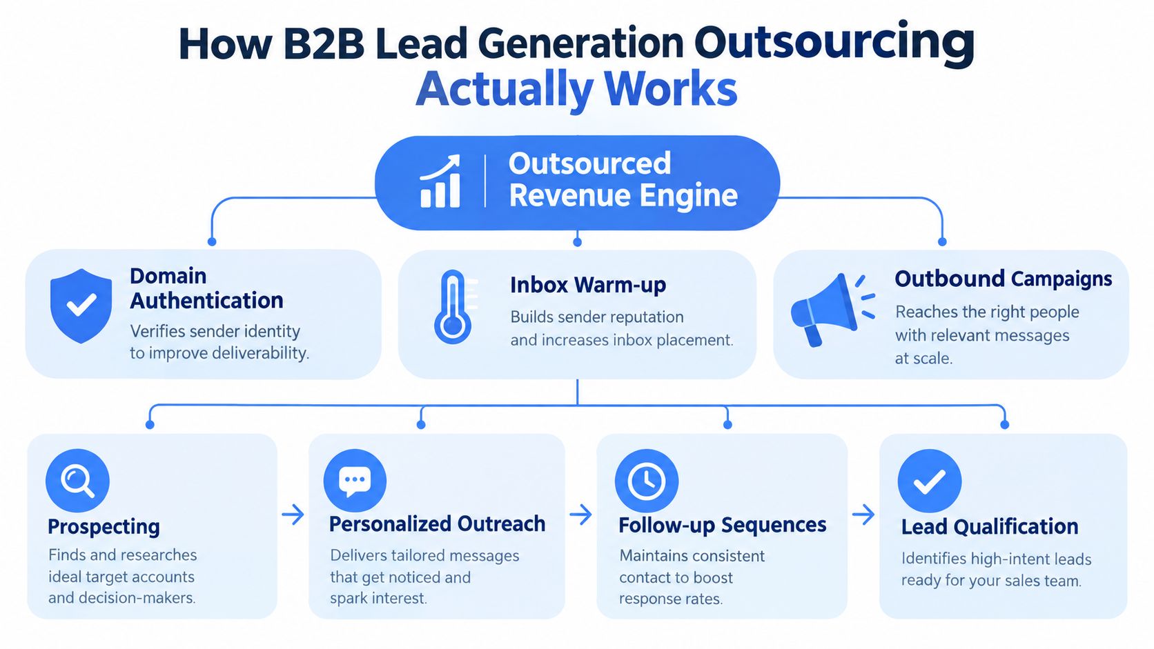 A flowchart diagram explaining the process of B2B lead generation outsourcing including domain, campaign, and qualification stages.