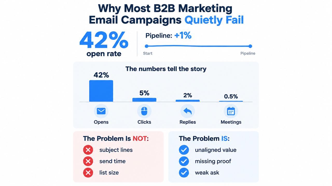 A chart showing B2B marketing email campaign metrics with high open rates but low pipeline conversion results.