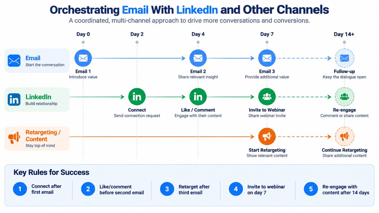 A multi-channel marketing roadmap detailing an email, LinkedIn, and retargeting outreach strategy over fourteen days.