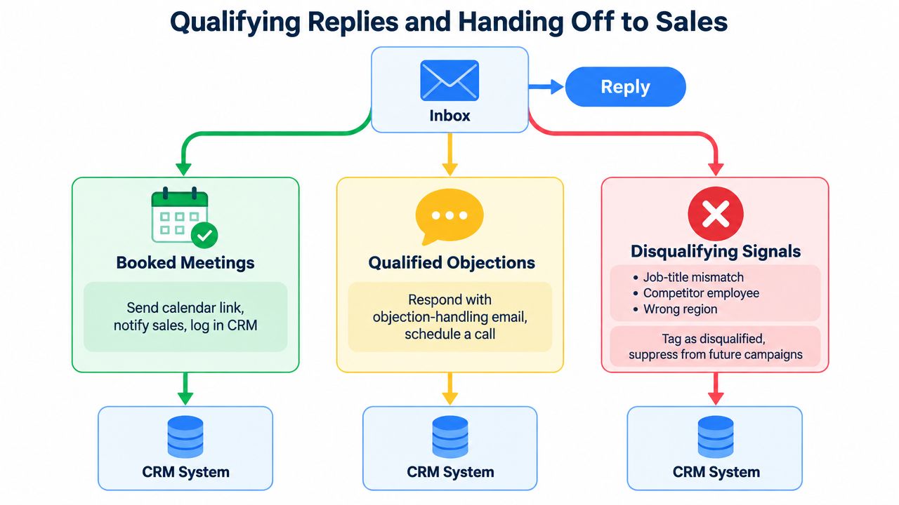 A flowchart showing the process of qualifying email replies and handing them off to a sales team.