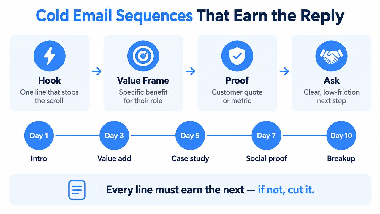 A diagram illustrating a strategic cold email sequence with four key components and a follow-up timeline.