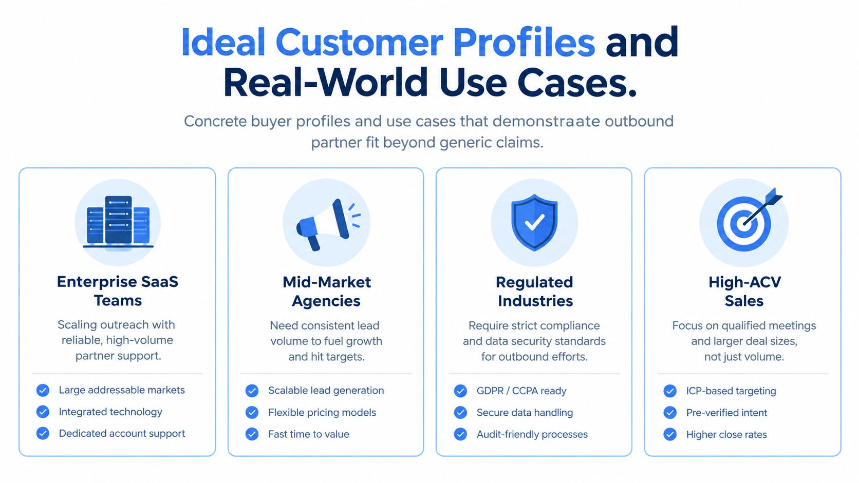 A marketing graphic outlining ideal customer profiles and real-world use cases for outbound partner services.