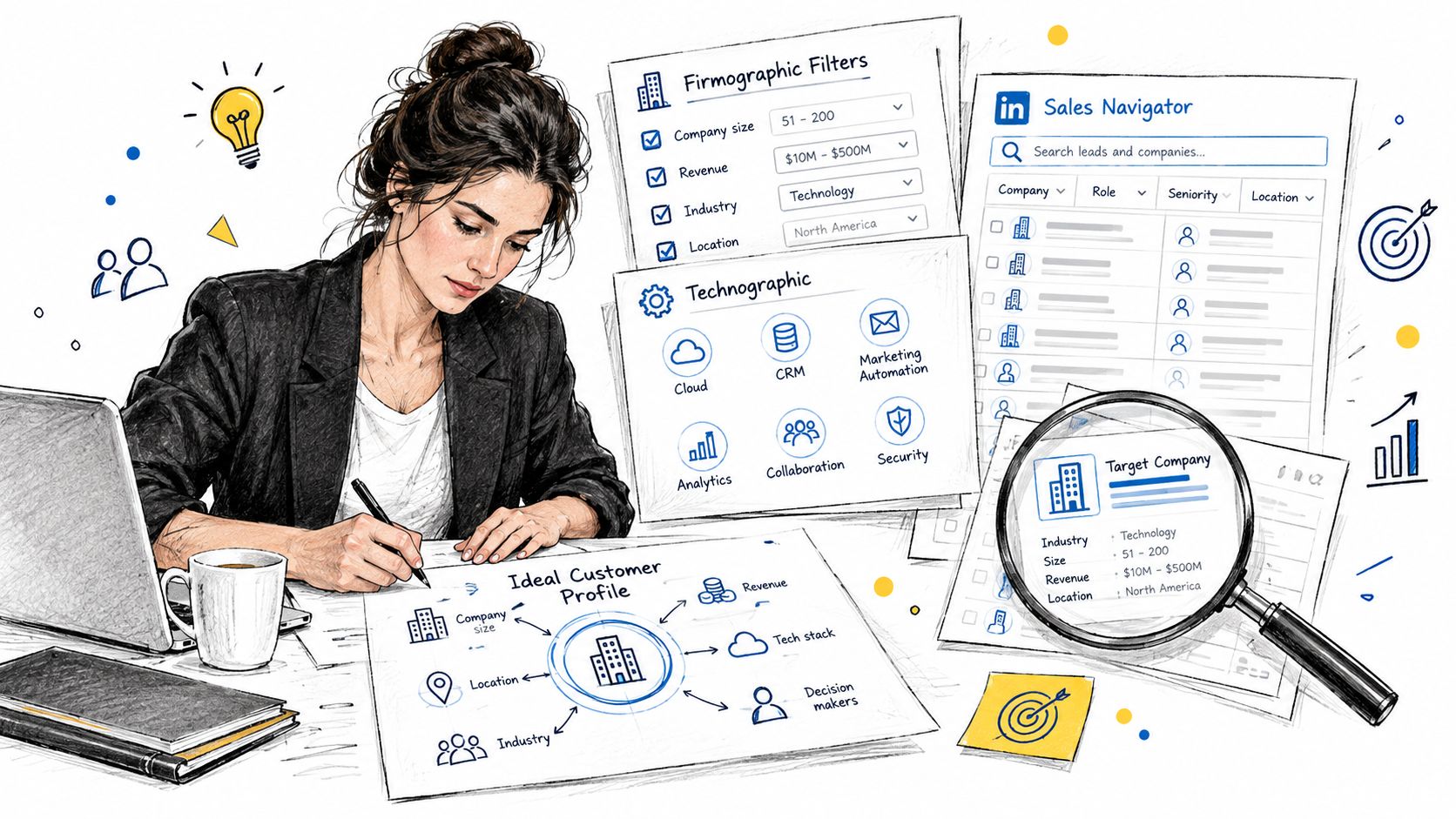 A professional woman designing an ideal customer profile for targeted lead generation using digital tools and analytics.