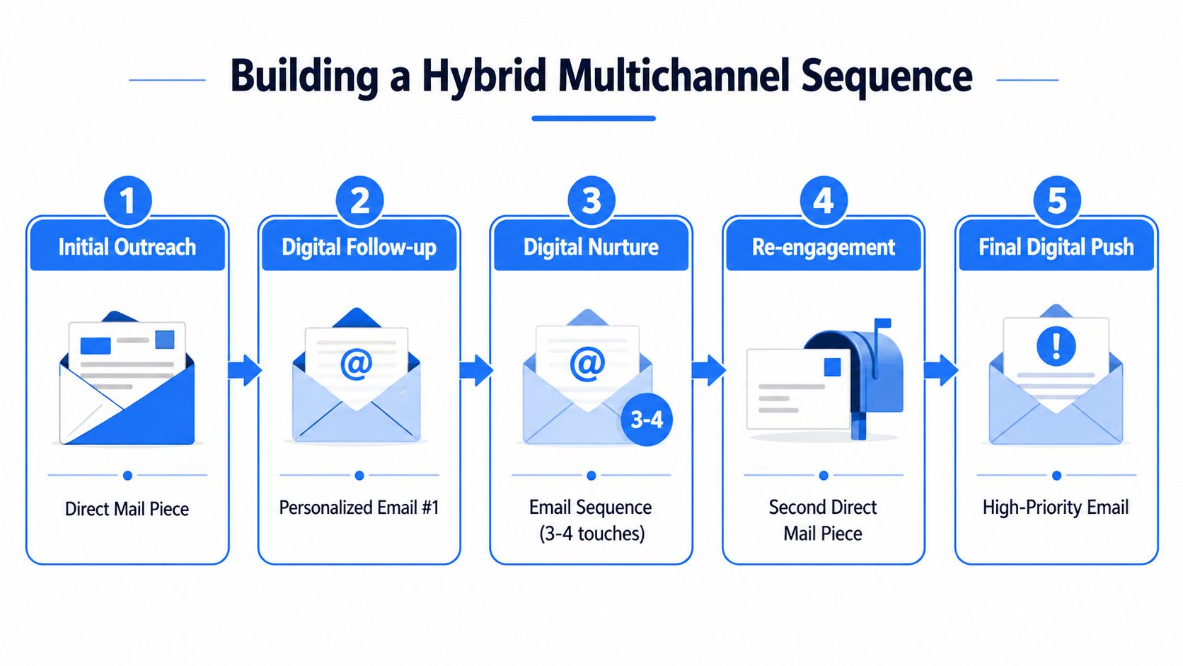 A diagram outlining a five-step hybrid marketing strategy combining direct mail pieces and automated digital email sequences.