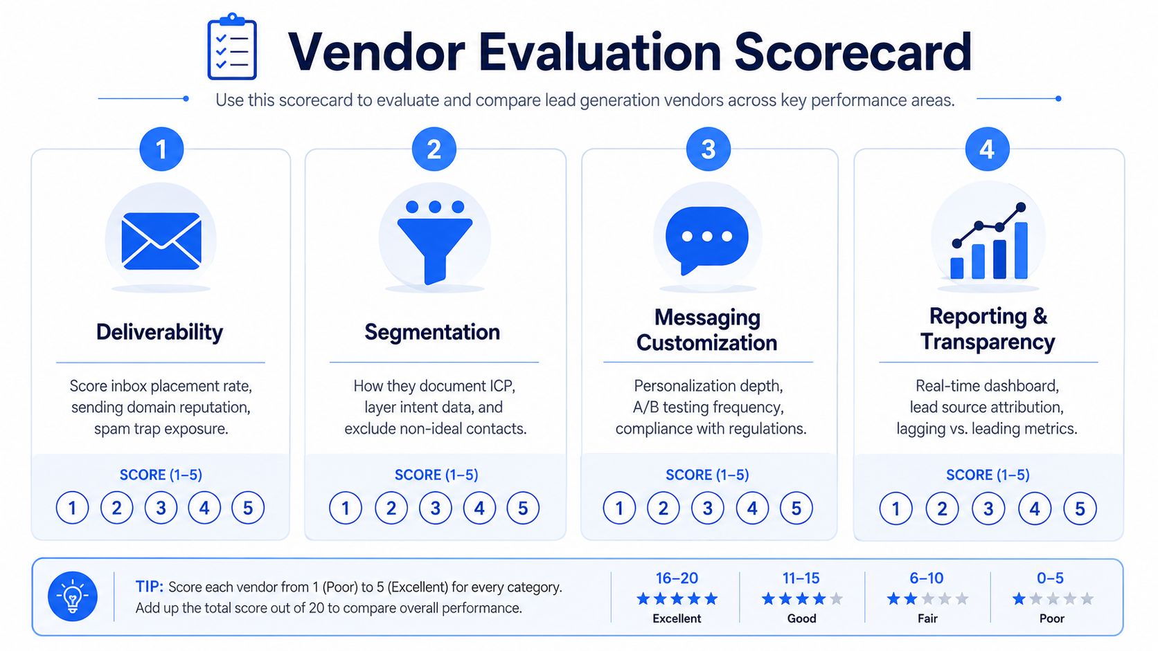A vendor evaluation scorecard graphic for comparing and scoring lead generation agencies across four key performance areas.