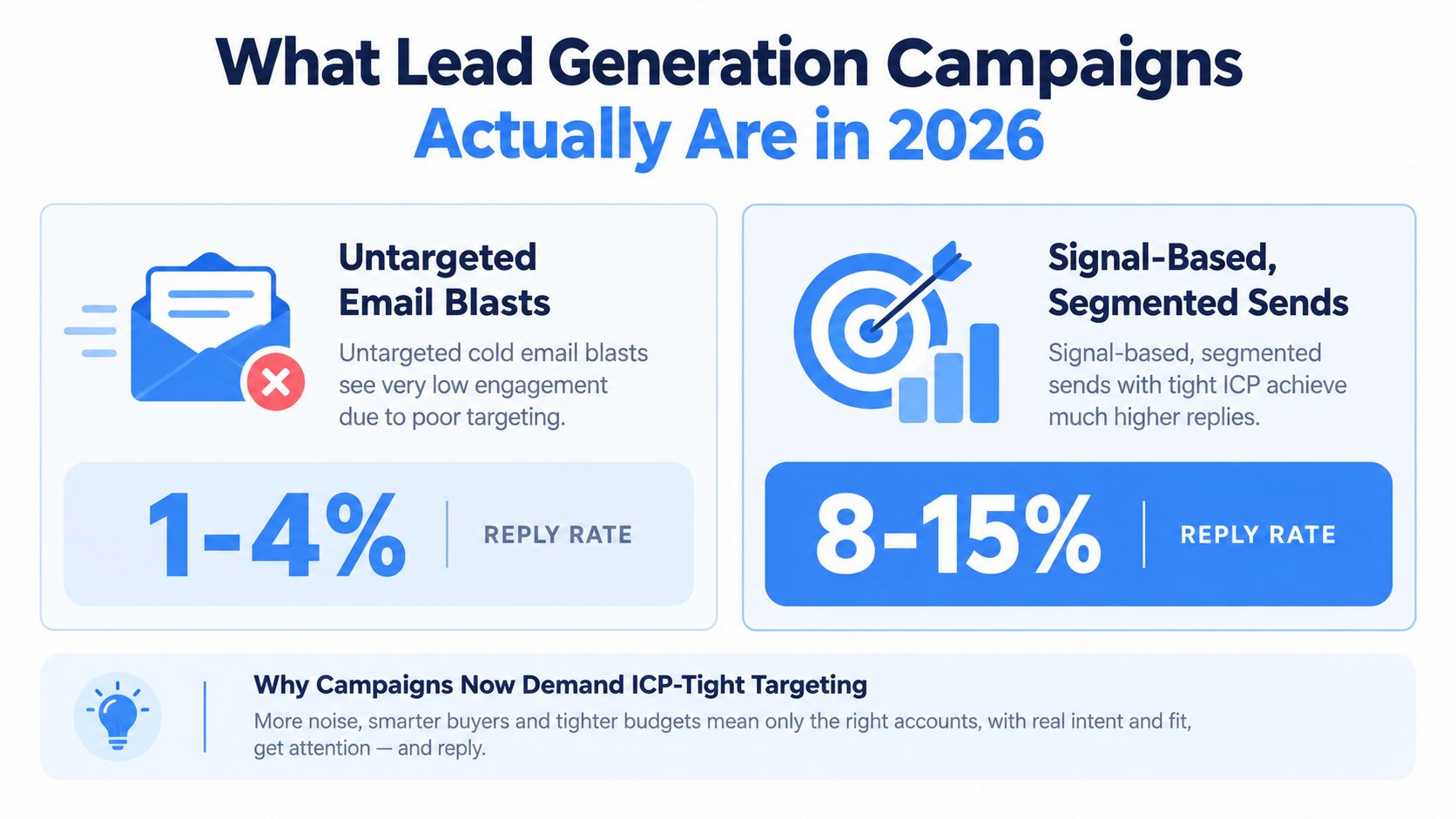 A comparison chart showing how signal-based lead generation campaigns outperform untargeted email blasts in 2026.