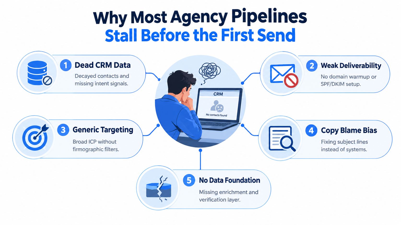 An infographic illustrating five common reasons why marketing agency lead generation pipelines fail before the first email.
