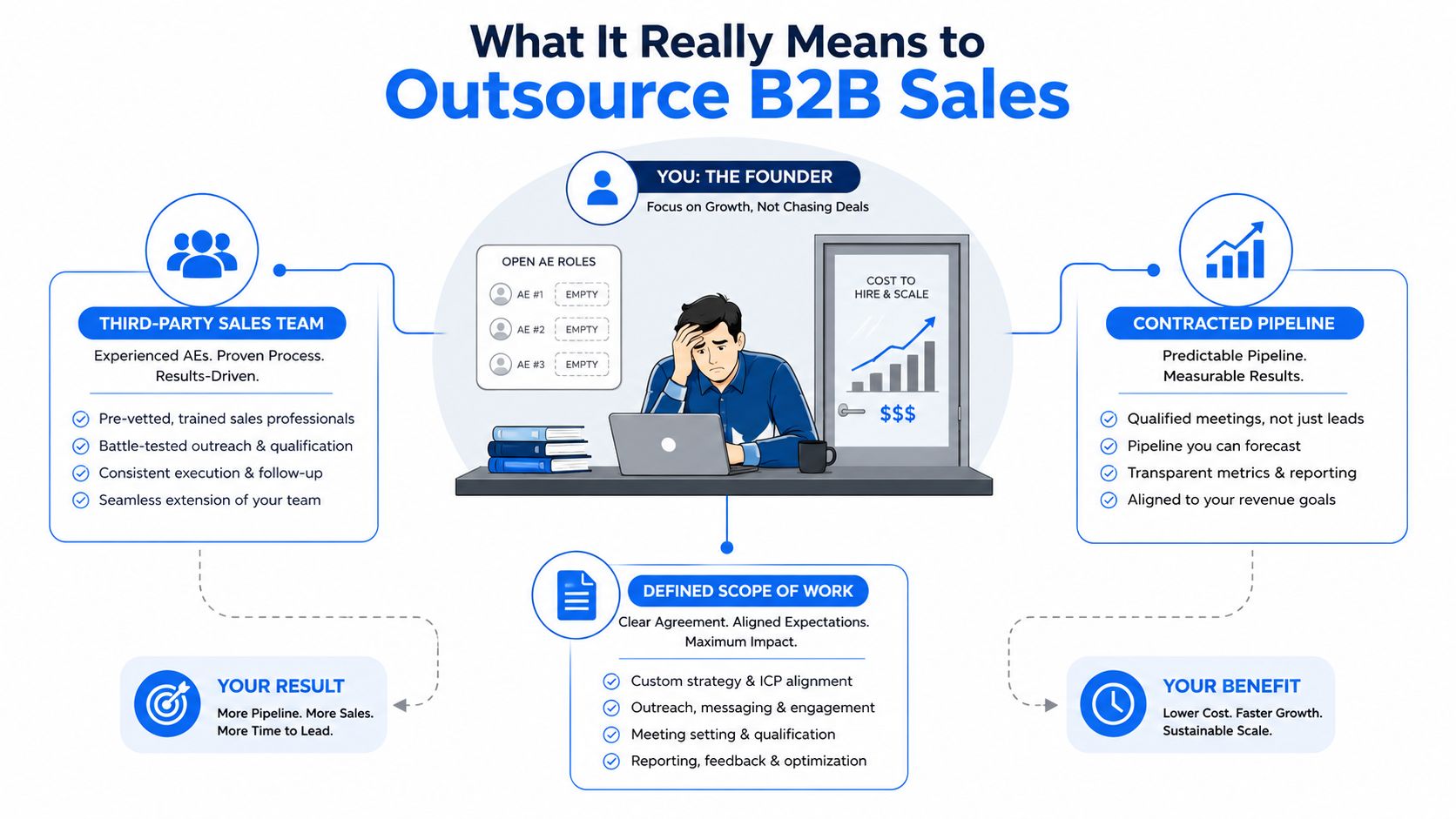 A diagram illustrating the benefits of outsourcing B2B sales for founders struggling with hiring and scaling.