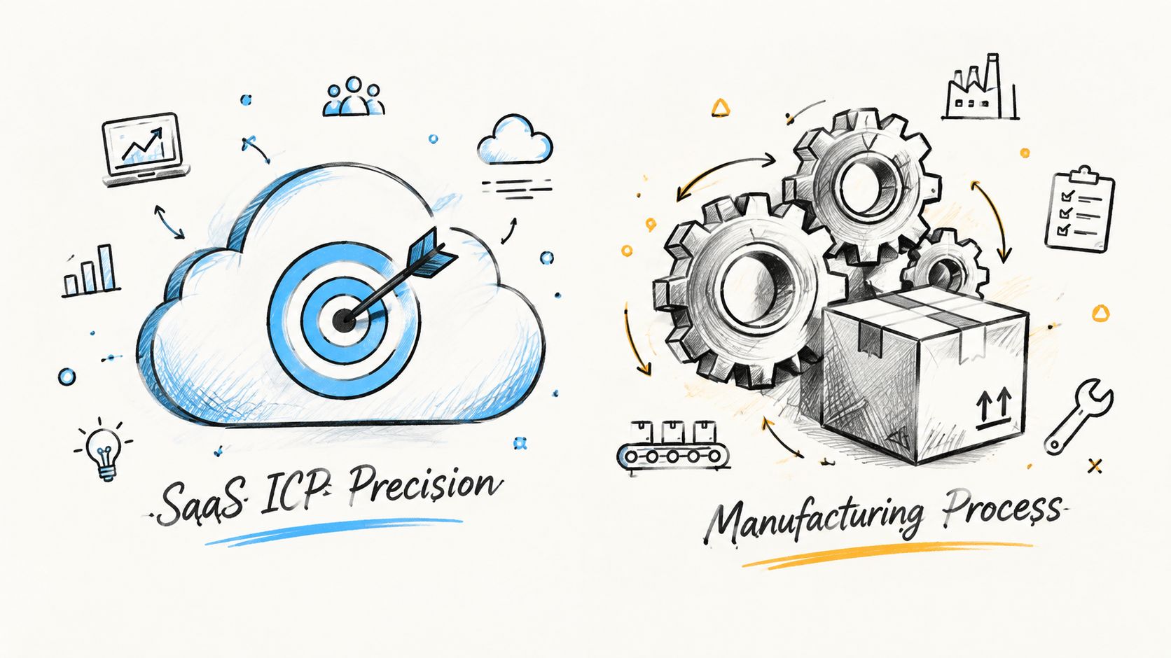A conceptual illustration comparing SaaS ICP precision with a structured industrial manufacturing process using sketches.