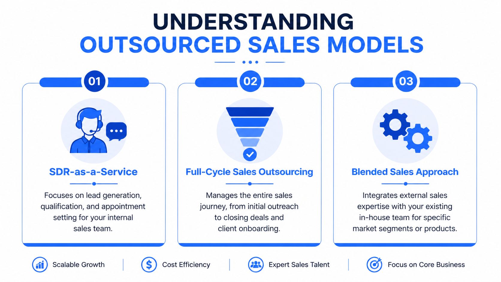 A diagram explaining three common outsourced sales models: SDR-as-a-Service, Full-Cycle Sales Outsourcing, and Blended Sales Approach.