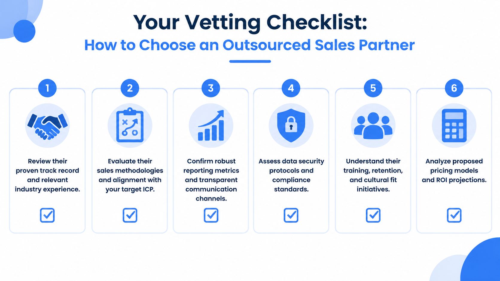 A six-step checklist for businesses to follow when selecting and vetting an outsourced sales partner effectively.