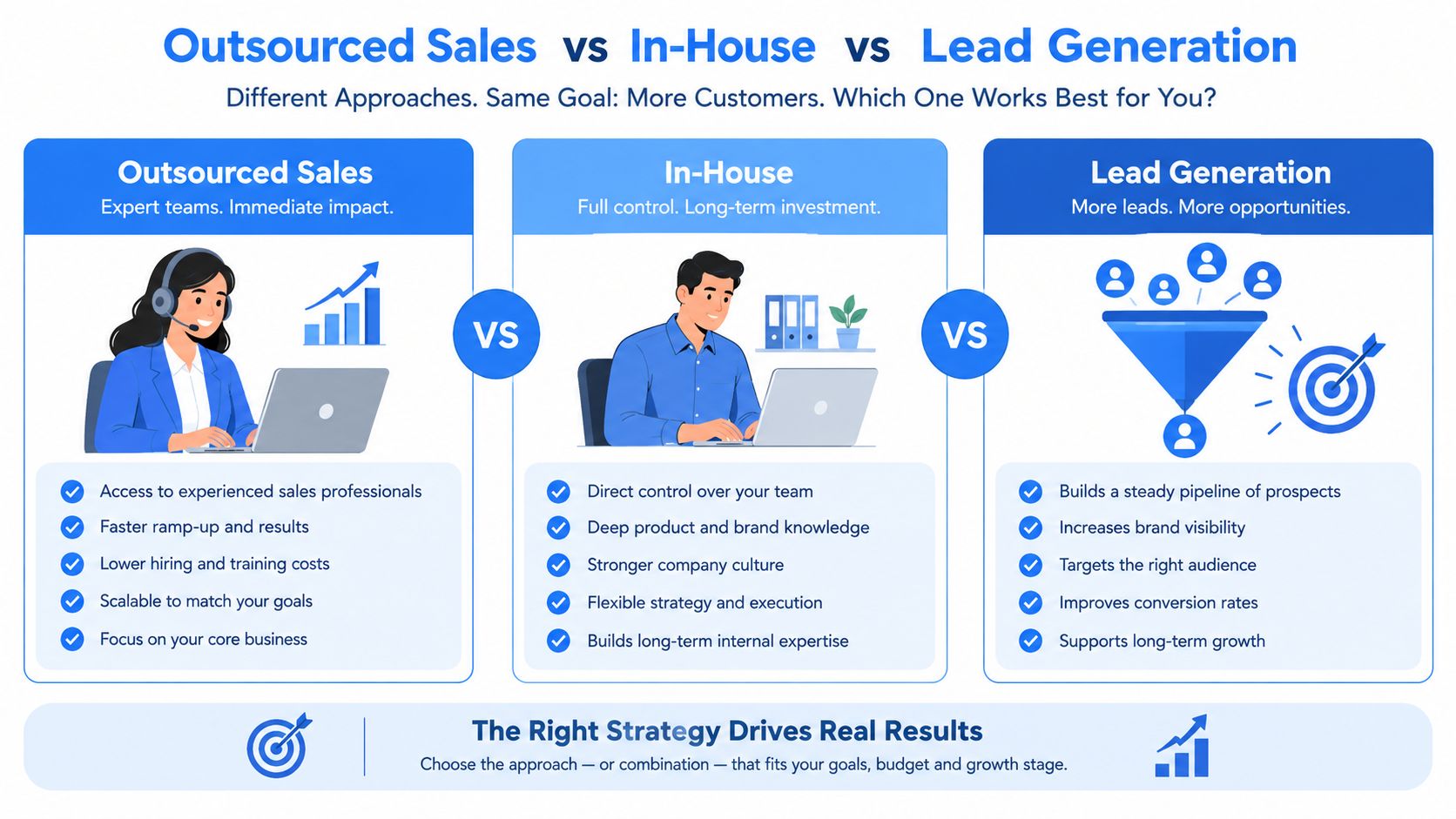 A comparison infographic detailing the benefits of outsourced sales, in-house teams, and lead generation strategies for business growth.