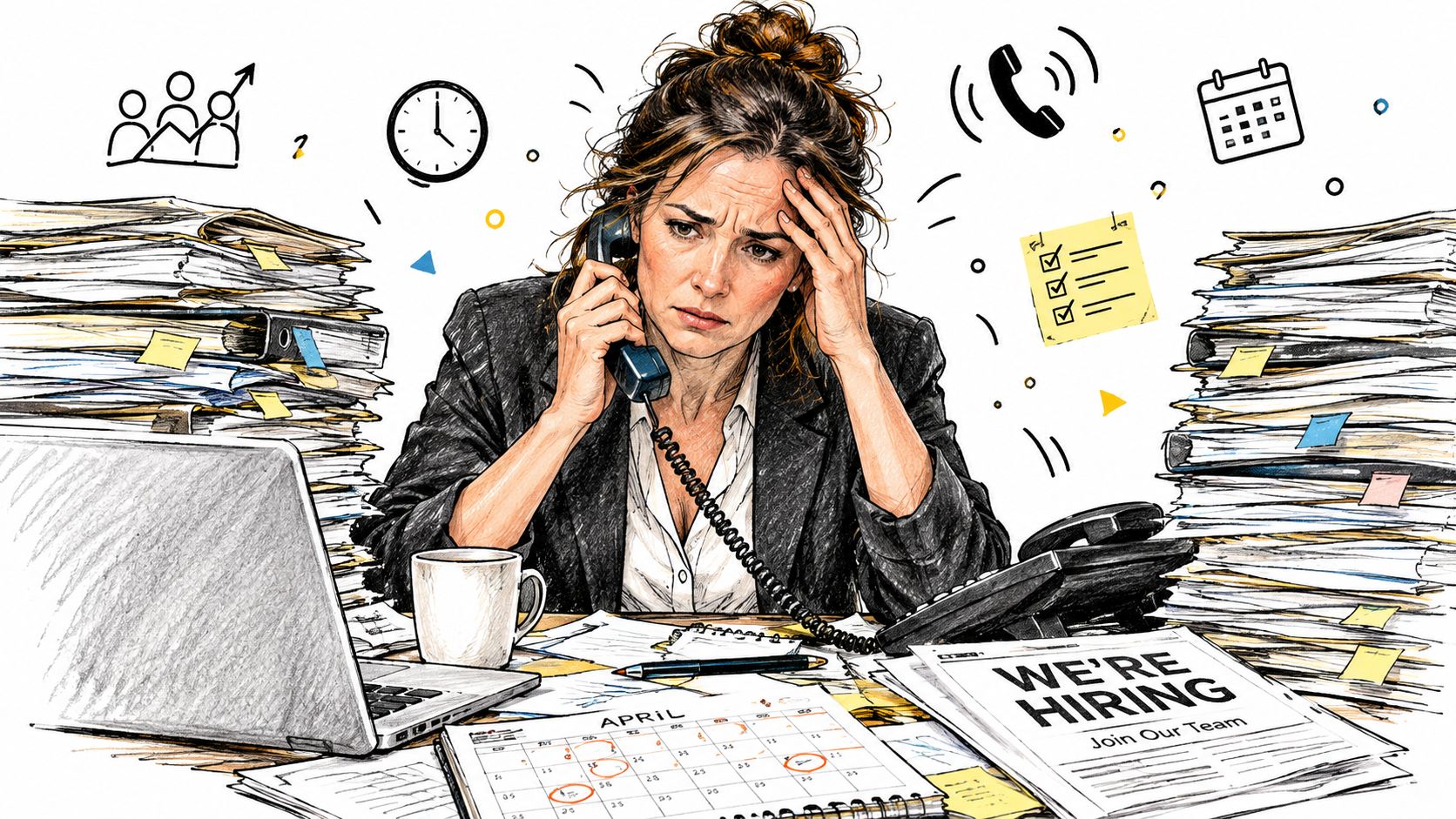 A stressed woman working at an overflowing desk with paperwork, a phone, and hiring documents.
