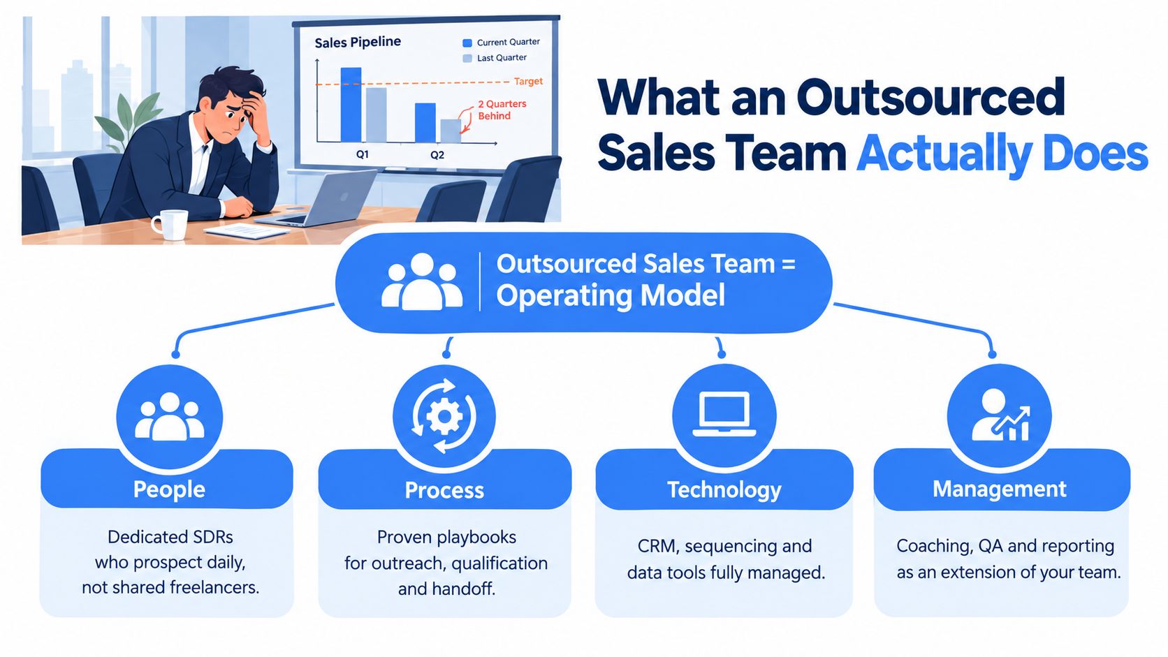 An infographic explaining the operating model components of an outsourced sales team including people, process, technology, and management.