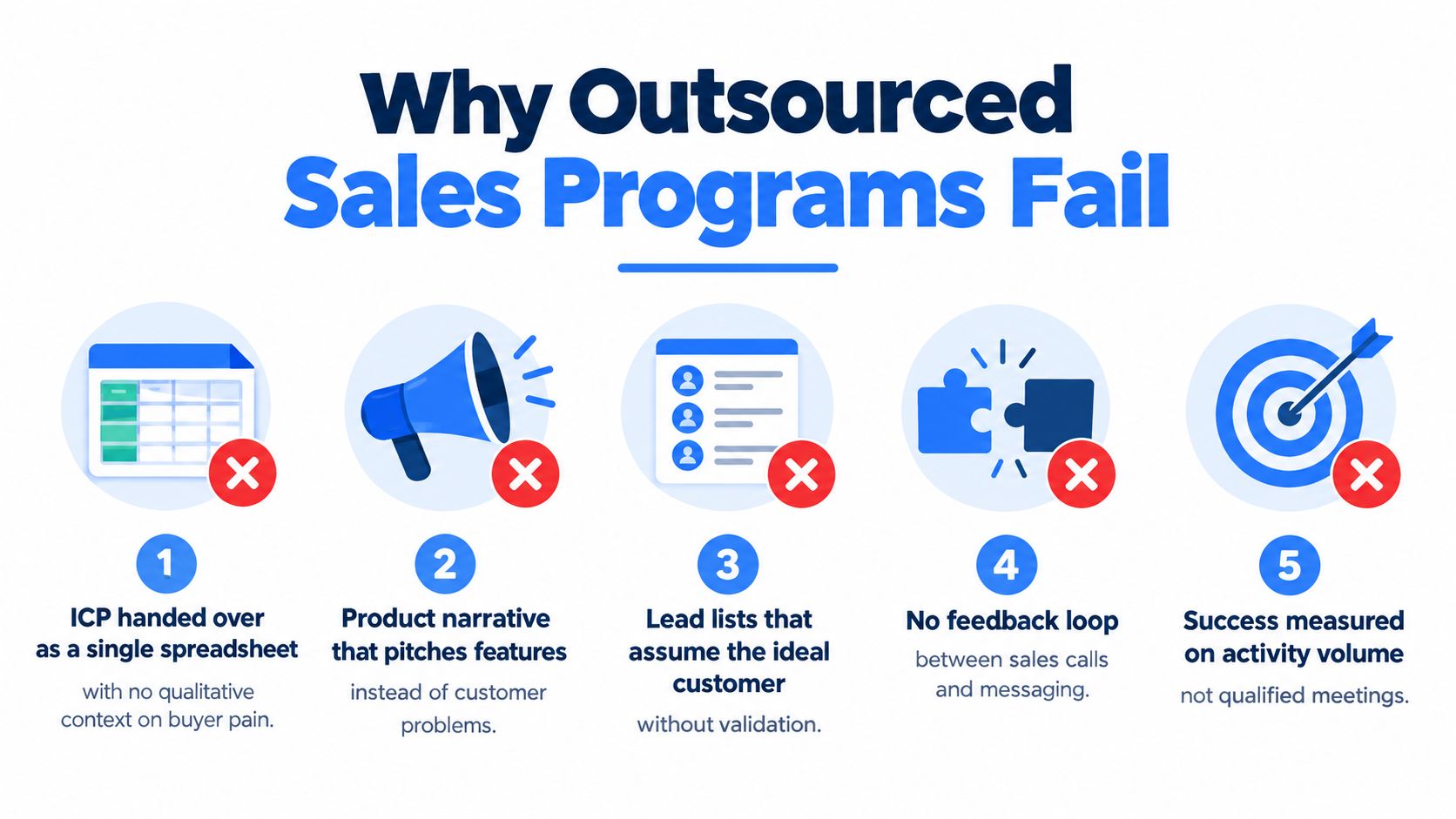 A graphic illustration detailing five common reasons why outsourced sales programs fail to achieve success.
