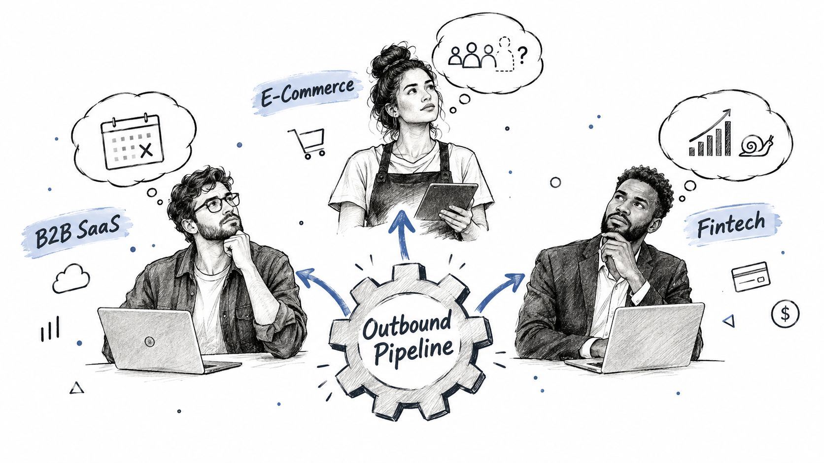 A professional illustration featuring three business professionals considering outbound pipeline strategies for SaaS, E-commerce, and Fintech industries.