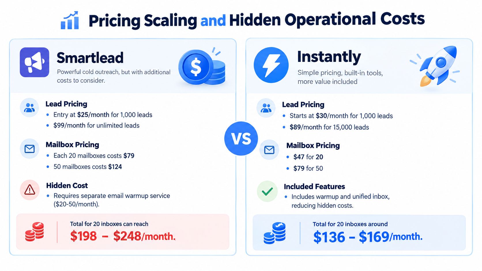 A comparative infographic showing the pricing structures, hidden costs, and operational expenses of Smartlead versus Instantly platforms.