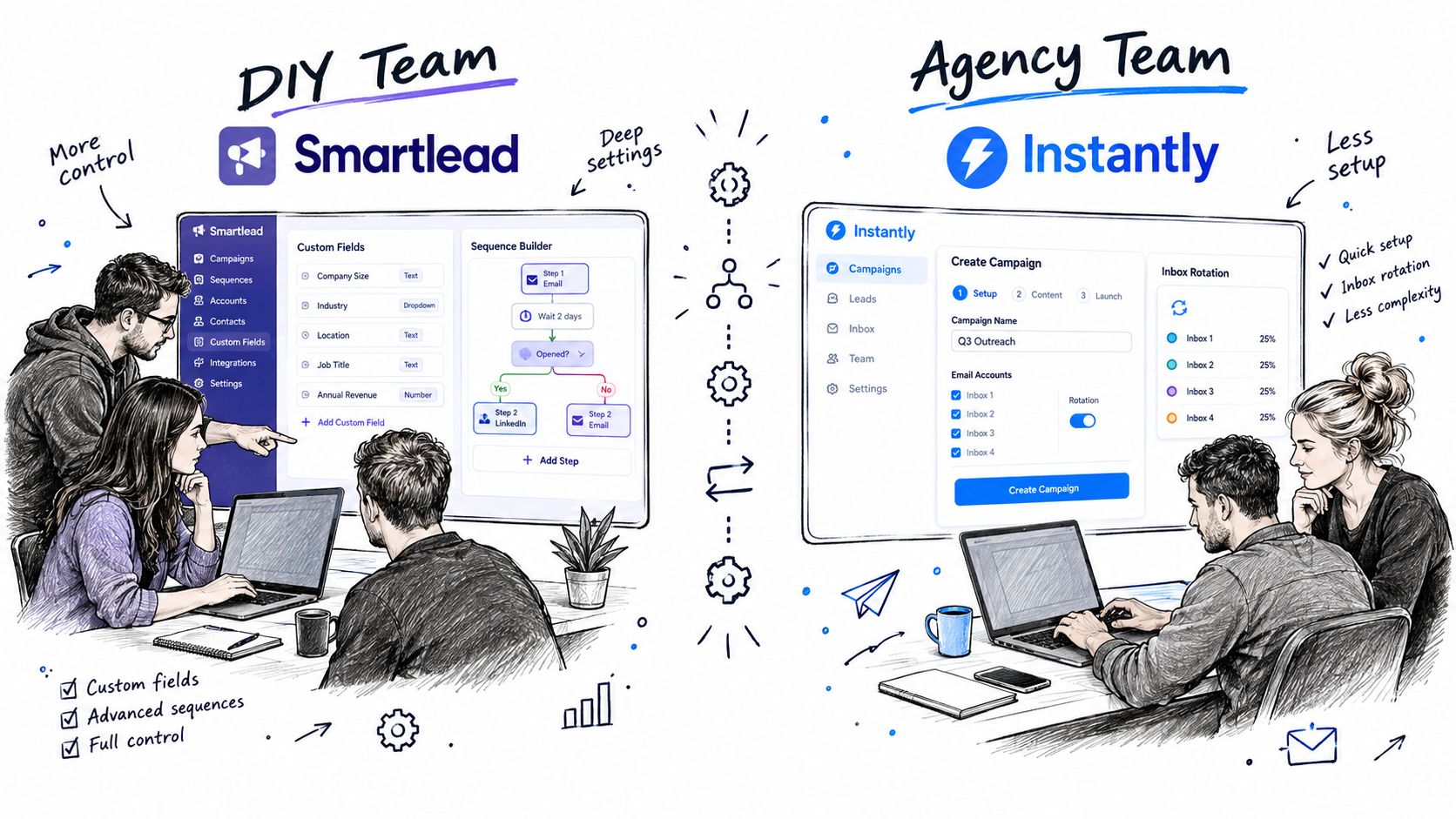 A comparison infographic between Smartlead and Instantly showing different software features for marketing teams.