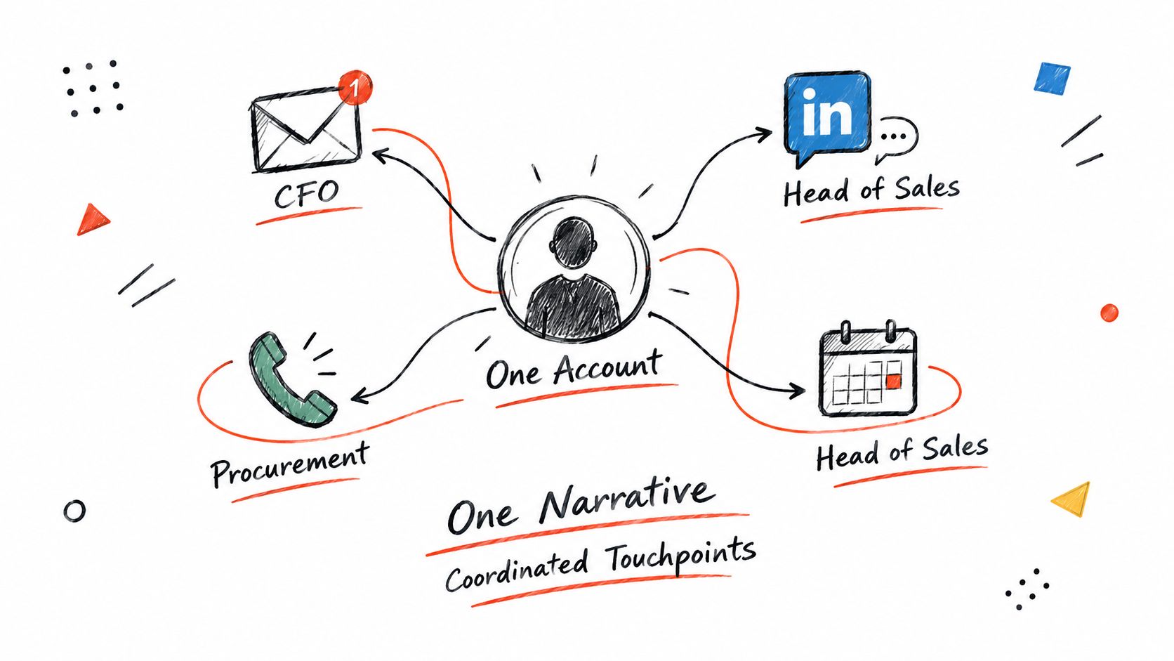A diagram illustrating a centralized sales strategy with coordinated touchpoints reaching multiple stakeholders within one account.