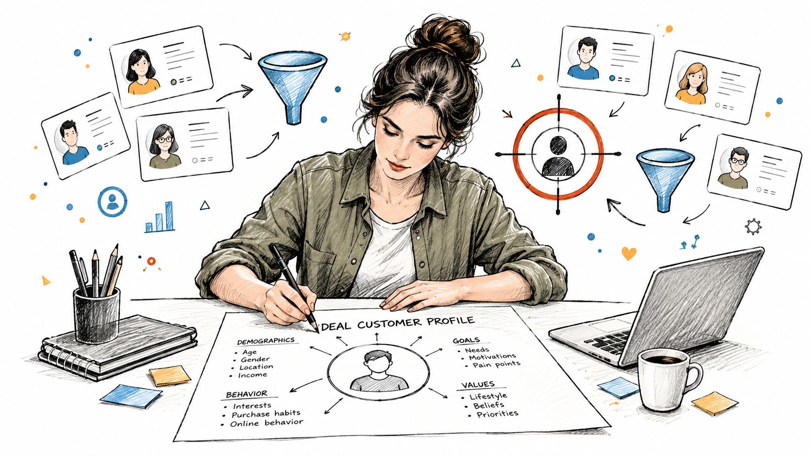 A woman sketching an ideal customer profile diagram on a desk filled with marketing strategy tools.